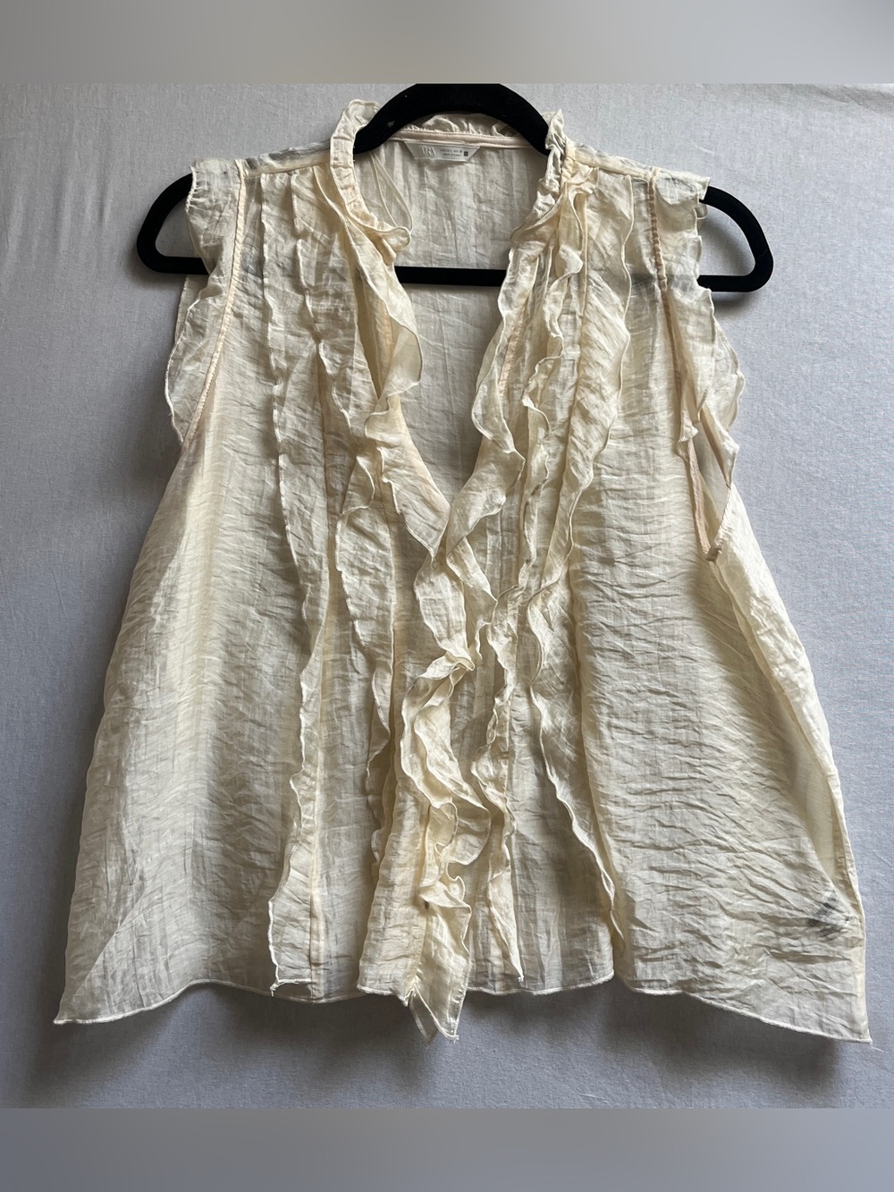 Zara Cream Sleeveless Semi Sheer Ruffle Front Blouse - L